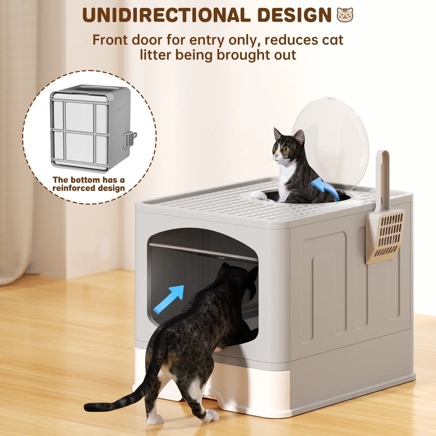 Large Foldable Cat Litter Box with Scoop - Front Entry, Top Exit Design, Enclosed Anti-Splashing, Drawer Type for Easy Cleaning, Gray