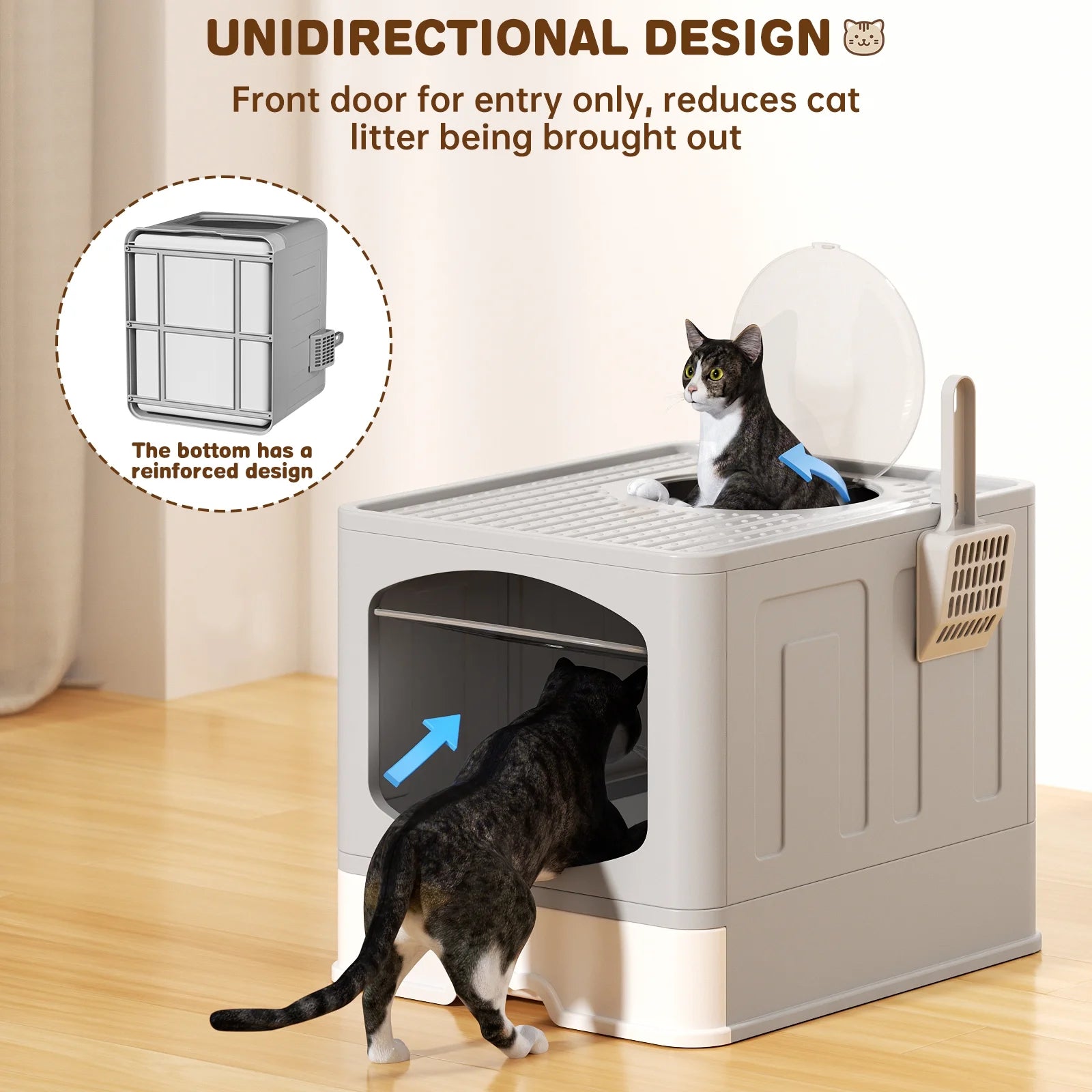 Large Foldable Cat Litter Box with Scoop - Front Entry, Top Exit Design, Enclosed Anti-Splashing, Drawer Type for Easy Cleaning, Gray