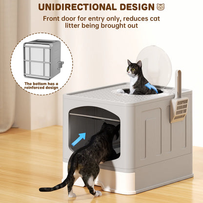 Large Foldable Cat Litter Box with Scoop - Front Entry, Top Exit Design, Enclosed Anti-Splashing, Drawer Type for Easy Cleaning, Gray