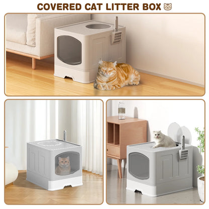 Large Foldable Cat Litter Box with Scoop - Front Entry, Top Exit Design, Enclosed Anti-Splashing, Drawer Type for Easy Cleaning, Gray