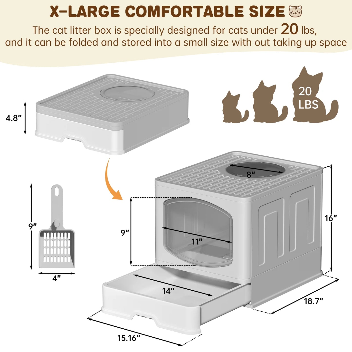 Large Foldable Cat Litter Box with Scoop - Front Entry, Top Exit Design, Enclosed Anti-Splashing, Drawer Type for Easy Cleaning, Gray