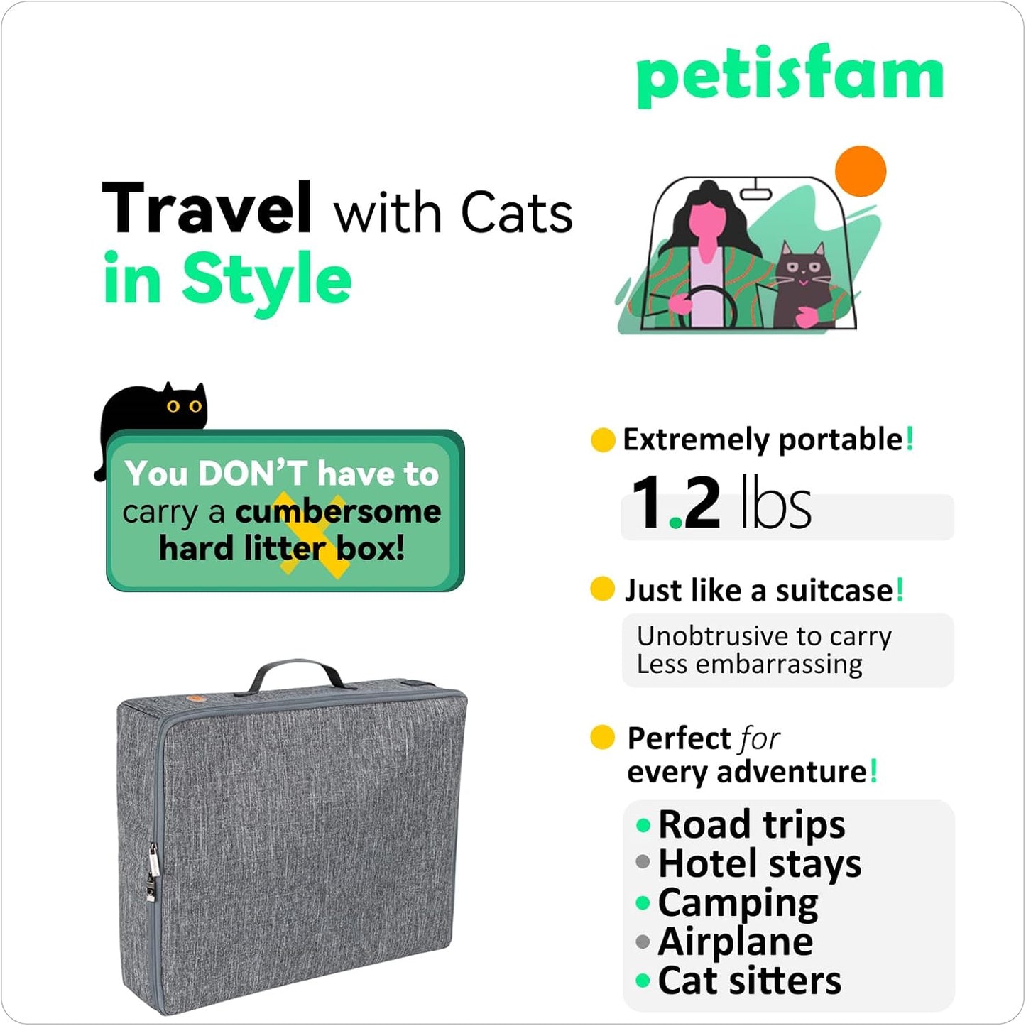 Portable Cat Travel Litter Box - Leak-Proof and Odor-Free Design for Convenient Use in Vehicles and Accommodations, Effortless One-Handed Portability for Road Trips and Air Travel