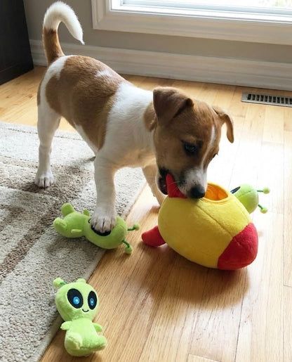Interactive Plush Hide and Seek Squirrel Puzzle Toy for Small Dogs (Spaceship and Aliens Design)
