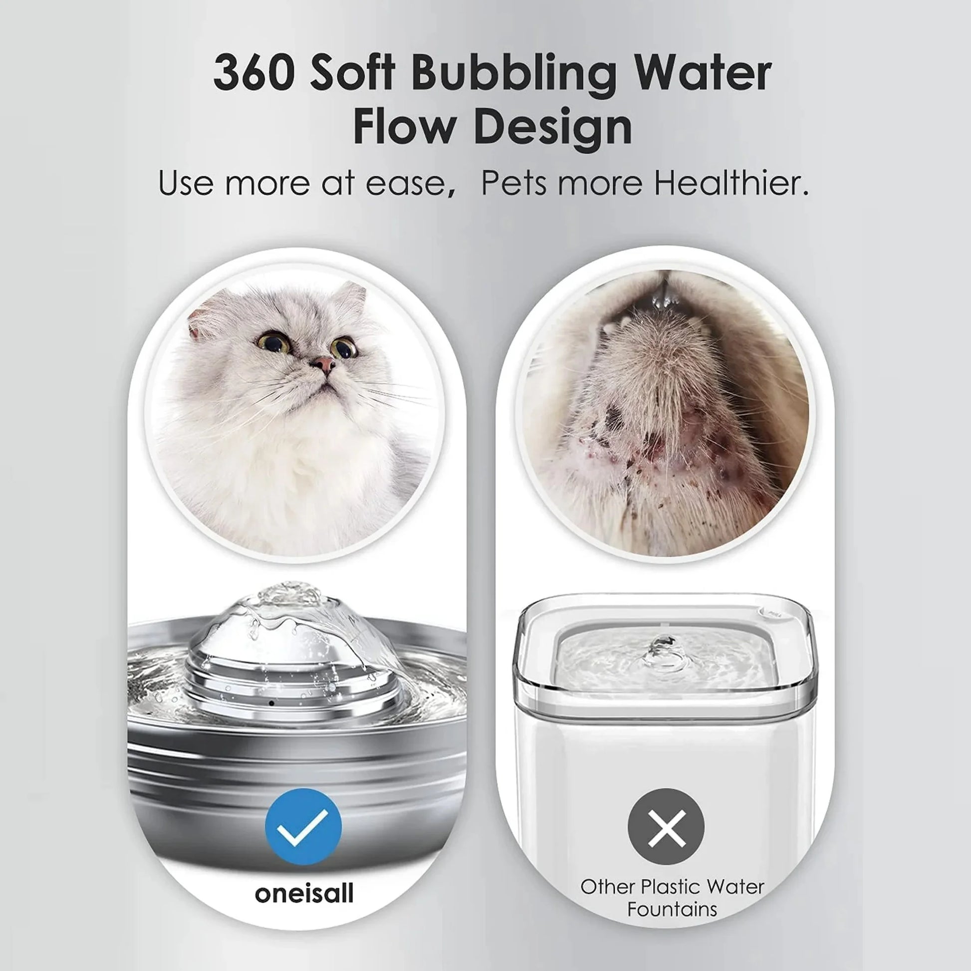 CW-03 Stainless Steel Cat Water Fountain, 2L Quiet Dual Filtration Drinking Bowl for Cats and Kittens, Silver