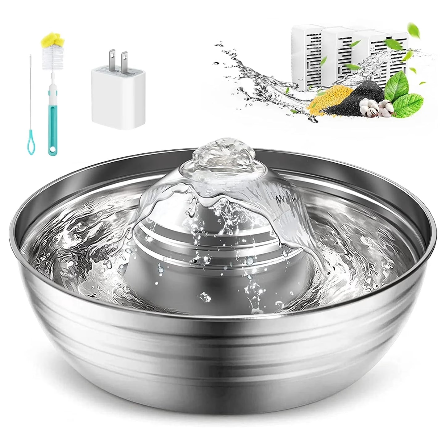 CW-03 Stainless Steel Cat Water Fountain, 2L Quiet Dual Filtration Drinking Bowl for Cats and Kittens, Silver