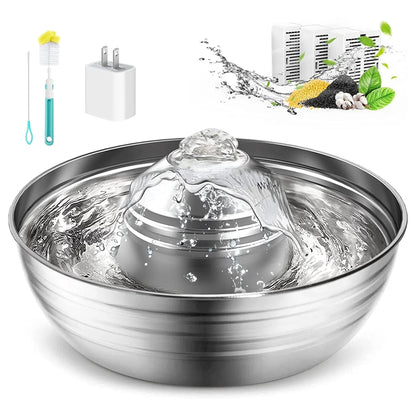 CW-03 Stainless Steel Cat Water Fountain, 2L Quiet Dual Filtration Drinking Bowl for Cats and Kittens, Silver