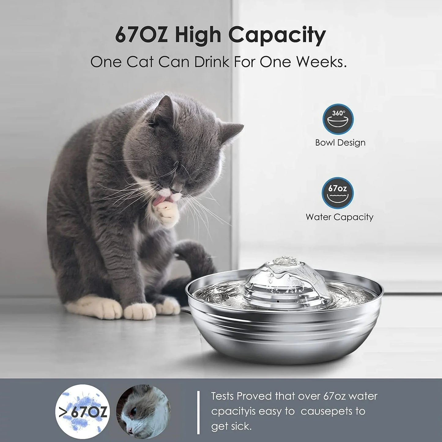 CW-03 Stainless Steel Cat Water Fountain, 2L Quiet Dual Filtration Drinking Bowl for Cats and Kittens, Silver