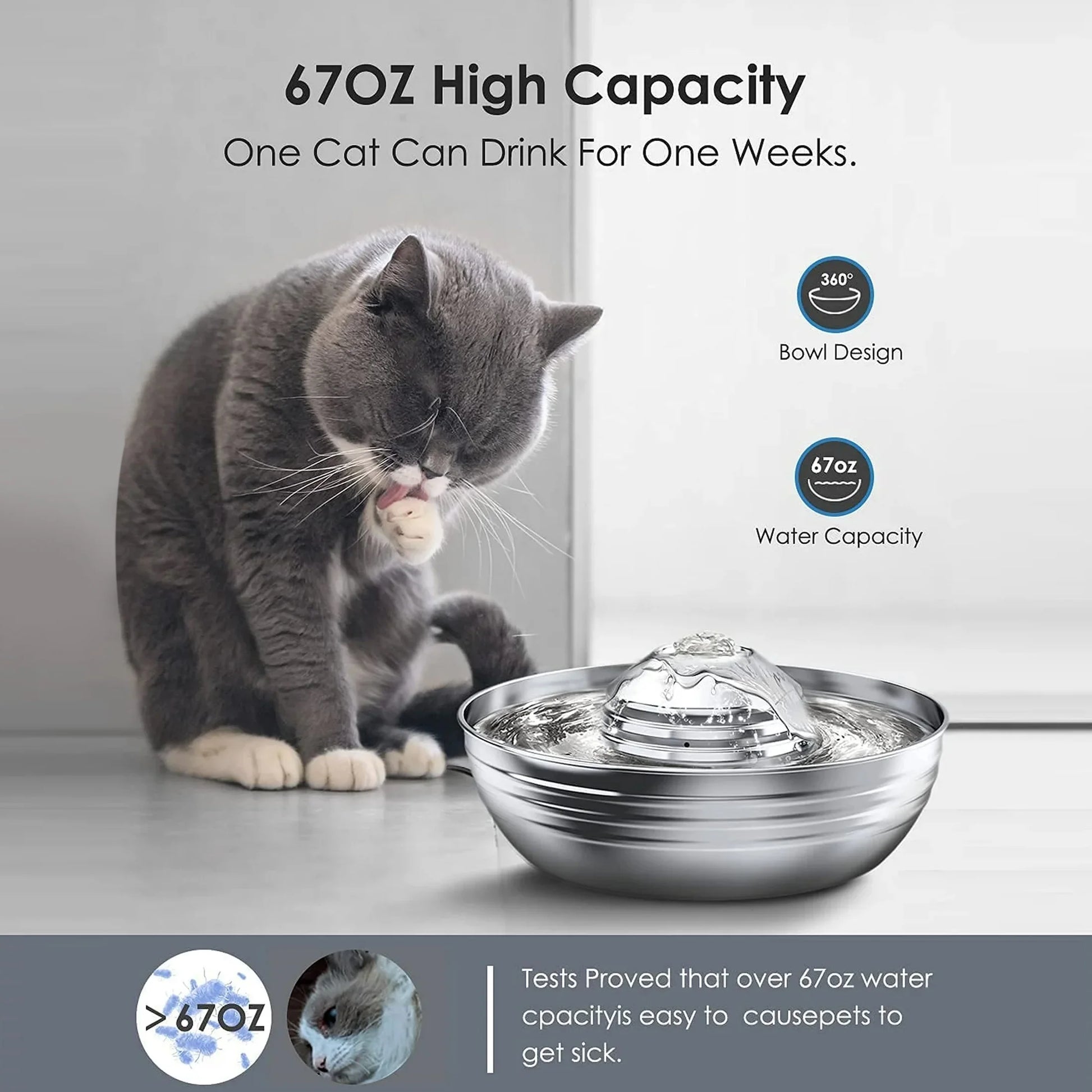 CW-03 Stainless Steel Cat Water Fountain, 2L Quiet Dual Filtration Drinking Bowl for Cats and Kittens, Silver