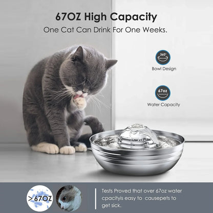 CW-03 Stainless Steel Cat Water Fountain, 2L Quiet Dual Filtration Drinking Bowl for Cats and Kittens, Silver