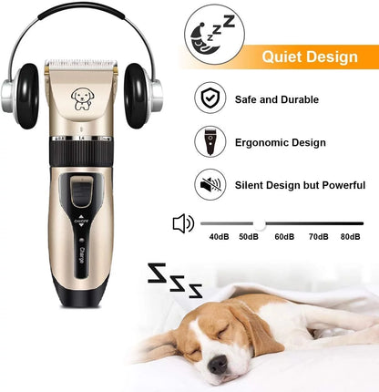 Rechargeable Cordless Pet Grooming Clipper Set, Low Noise Electric Dog and Cat Shaver with Scissor Comb