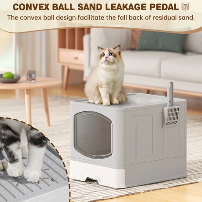 Large Foldable Cat Litter Box with Scoop - Front Entry, Top Exit Design, Enclosed Anti-Splashing, Drawer Type for Easy Cleaning, Gray