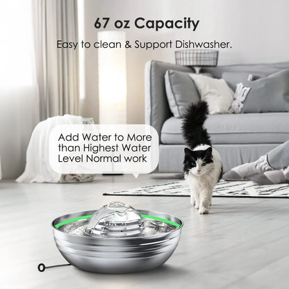 CW-03 Stainless Steel Cat Water Fountain, 2L Quiet Dual Filtration Drinking Bowl for Cats and Kittens, Silver