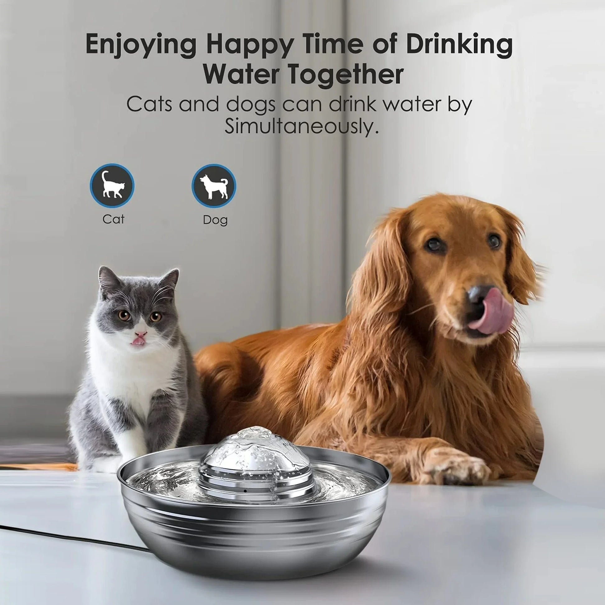 CW-03 Stainless Steel Cat Water Fountain, 2L Quiet Dual Filtration Drinking Bowl for Cats and Kittens, Silver