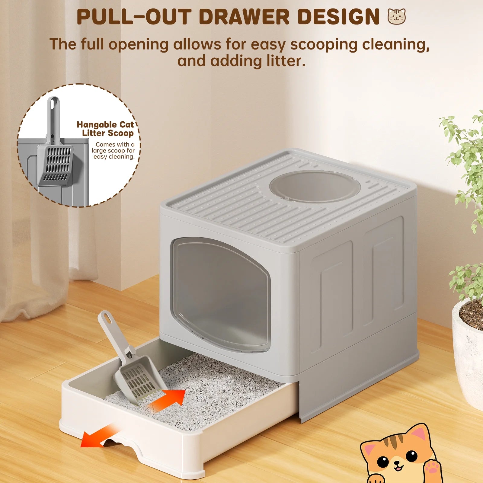 Large Foldable Cat Litter Box with Scoop - Front Entry, Top Exit Design, Enclosed Anti-Splashing, Drawer Type for Easy Cleaning, Gray