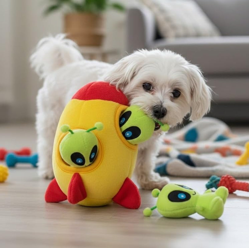 Interactive Plush Hide and Seek Squirrel Puzzle Toy for Small Dogs (Spaceship and Aliens Design)