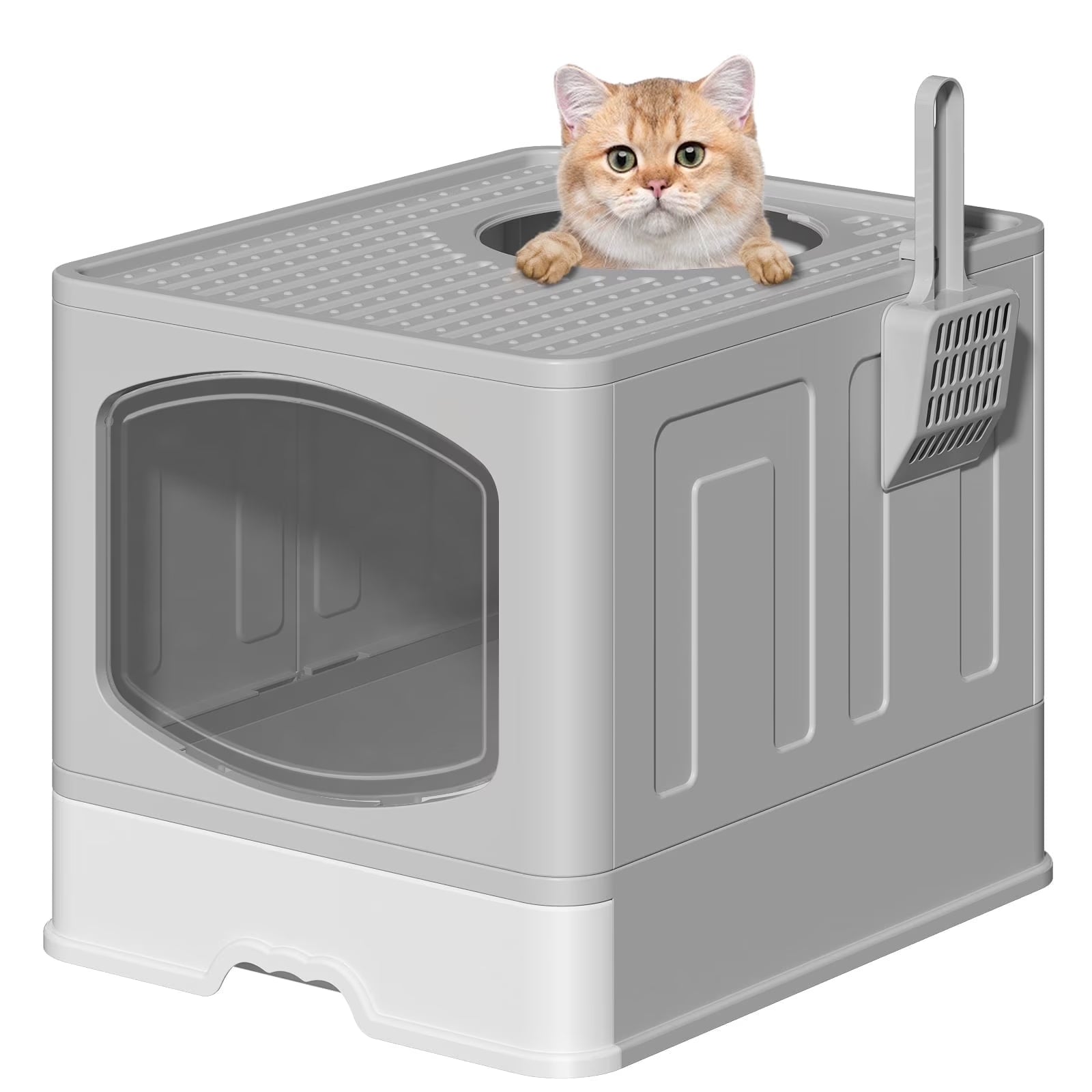 Large Foldable Cat Litter Box with Scoop - Front Entry, Top Exit Design, Enclosed Anti-Splashing, Drawer Type for Easy Cleaning, Gray