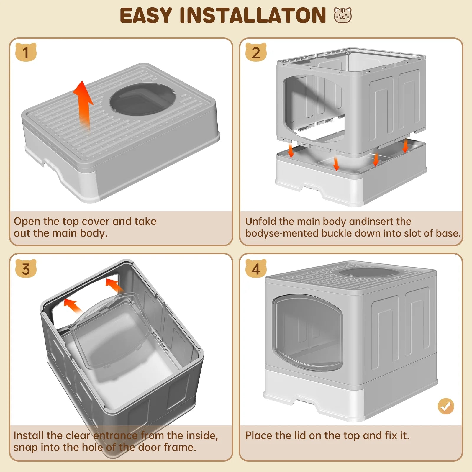 Large Foldable Cat Litter Box with Scoop - Front Entry, Top Exit Design, Enclosed Anti-Splashing, Drawer Type for Easy Cleaning, Gray