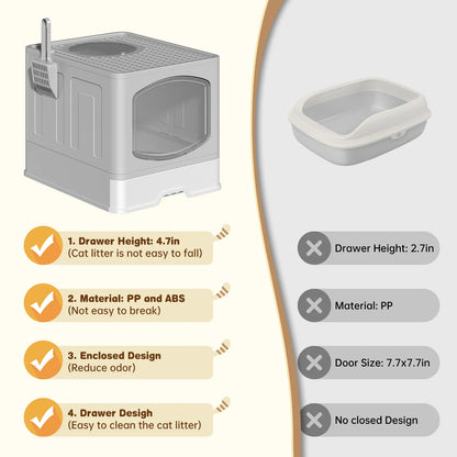 Large Foldable Cat Litter Box with Scoop - Front Entry, Top Exit Design, Enclosed Anti-Splashing, Drawer Type for Easy Cleaning, Gray